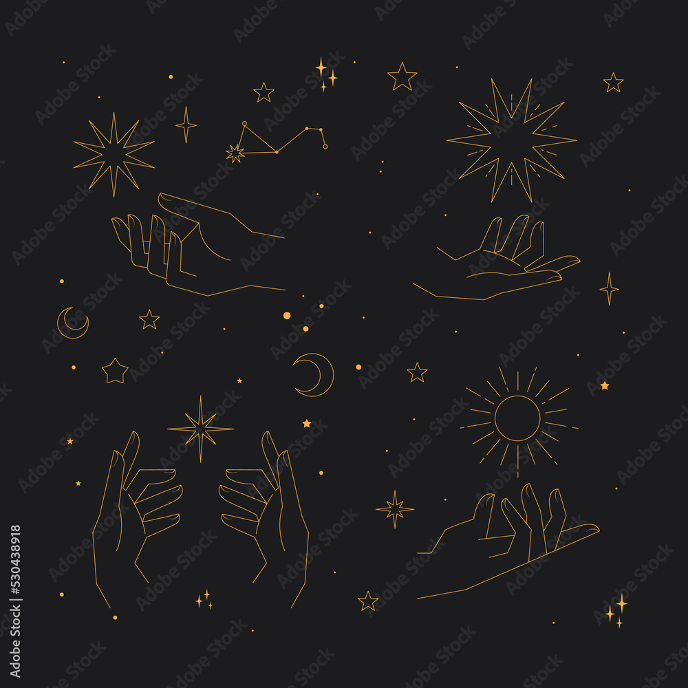 Astrology human hands with stars in boho style. Esoteric elements. Spirituality and magic symbols. Astrology human hands with stars in boho style. Esoteric elements. Spirituality and magic symbols.