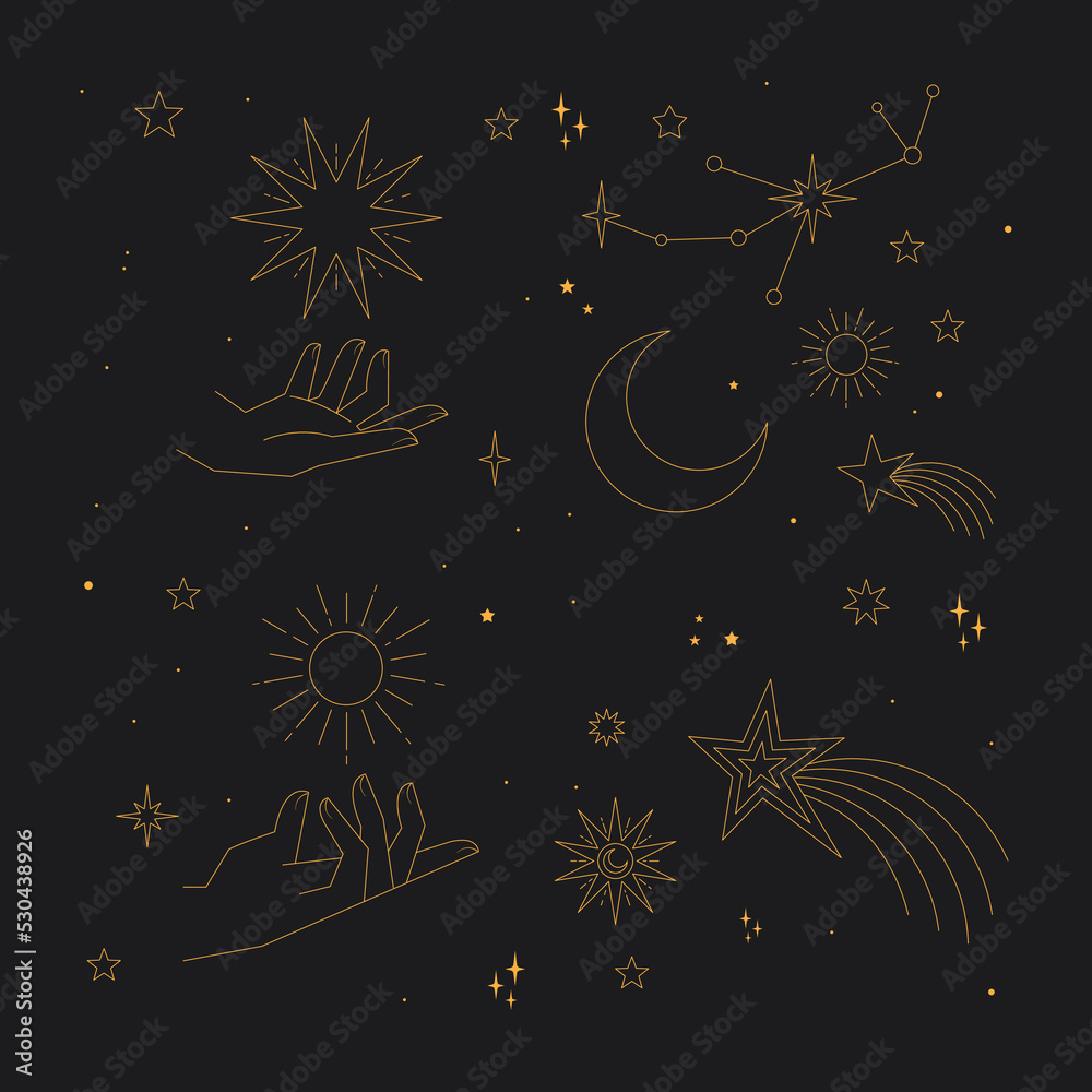 Astrology human hands with stars in boho style. Esoteric elements. Spirituality and magic symbols. Astrology human hands with stars in boho style. Esoteric elements. Spirituality and magic symbols.
