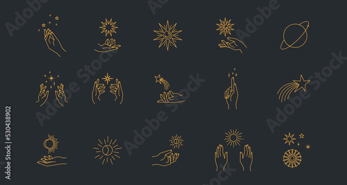 Aesthetic astral hands. Collection of cosmic and celestial elements with sun, moon and stars. Isolated editable linear vectors.