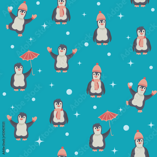 Christmas seamless pattern of cute cartoon penguins with warm clothes. Winter vector baby illustration for children print. Ready for Christmas.
