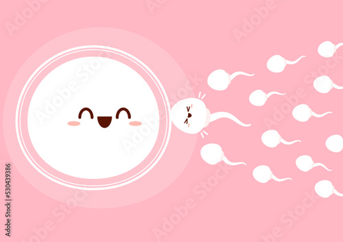 Cute happy funny sperm cell and Ovum. Vector flat line cartoon. illustration. Fertilization concept.