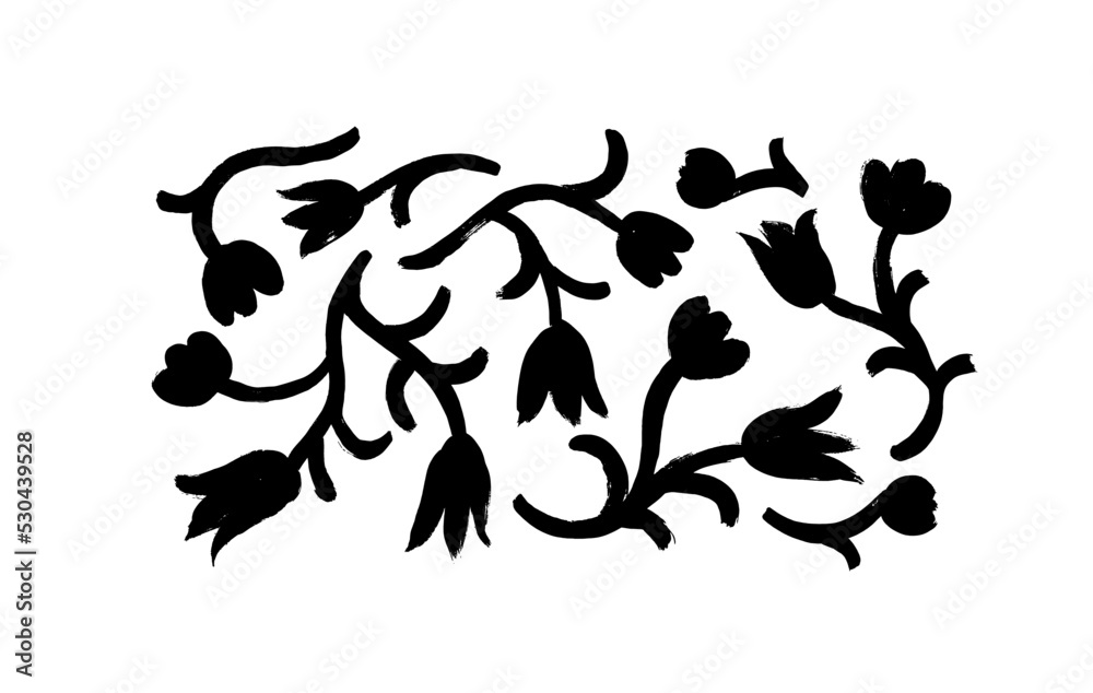 Collection of abstract bold flowers in naive design style. Hand drawn black vector tulips. Black brush paint flower silhouettes with leaves and curved stems. Branches, leaves and buds. 