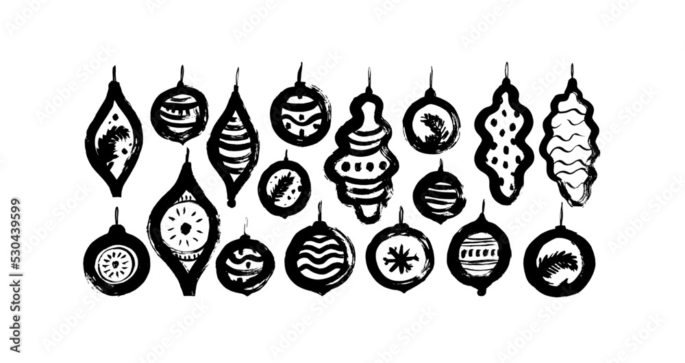 Set of hand drawn Christmas balls. Holiday ink illustrations isolated on white background. Christmas tree decorations, black vector baubles. Sketchy and naive style. Abstract New Year decorations. 