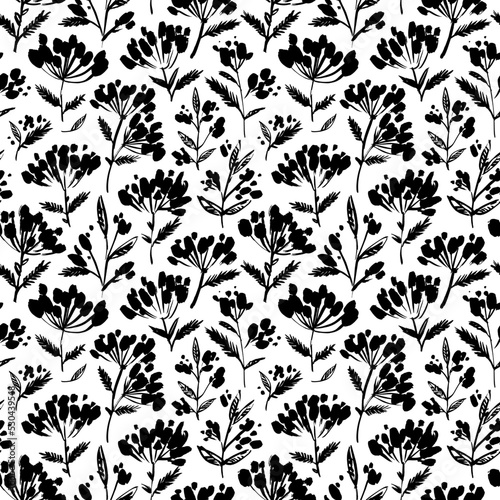 Winter berry branches seamless pattern. Christmas or autumn vector plants. Hand-drawn botanical ornament. Black seamless pattern with rowan berry. Winter decorative plants and branches.