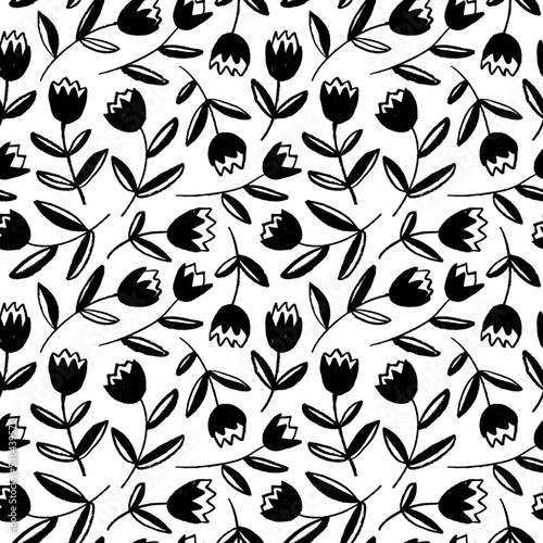 Spring and Easter flowers seamless pattern. Hand-drawn black tulips with buds silhouettes. Abstract geometric retro flowers and leaves. Naive simple stylized style  cute floral motif. Vector ornament.