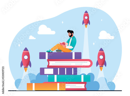 Man reading books. Love for literature, selfdevelopment and search for information, knowledge, useful hobby. Poster or banner for website for international holidays. Cartoon flat vector illustration