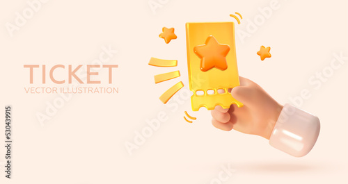 Ticket in hand, Voucher with star isolated on background, Realistic 3d graphics. Vector illustration