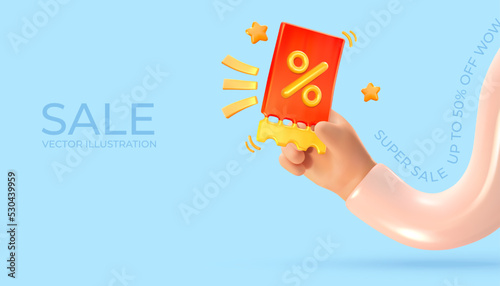 The hand holds a discount ticket with a percentage. Providing sale, gift ticket. Realistic 3d graphics. Vector illustration