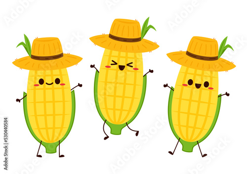 Corn cartoon vector. Cute vegetable vector character isolated on white. Corn mascot. Farmer hat. Peasant hat vector.