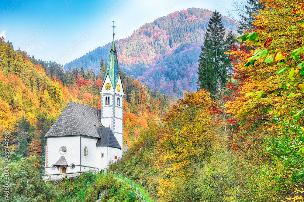 Picturesque view on Church of St. Mary of the Snows in the Kamnik Alps at Solcava.