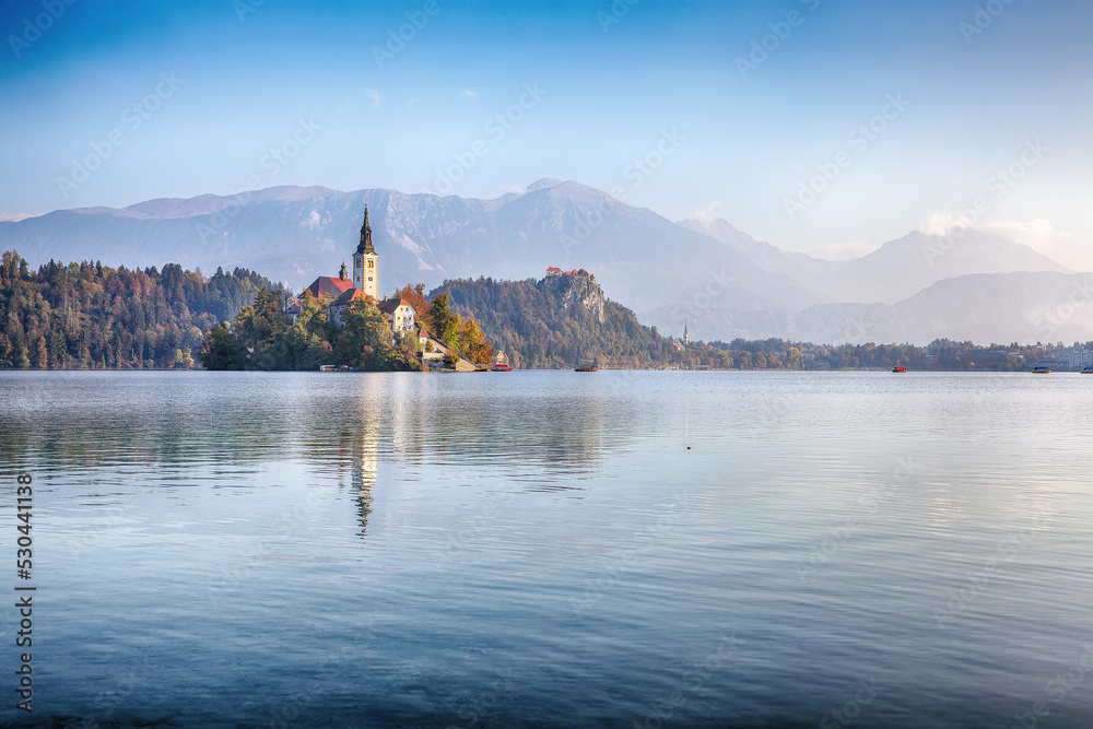 Gorgeous sunny day view of popular tourist destination  Bled lake.