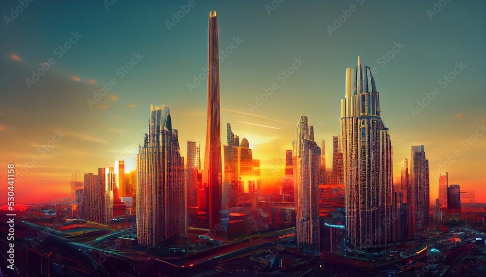 City infrastructure 3d. Digitization of a large futuristic city with commercial skyscrapers. Architectural style of a big city. 3d rendering. Raster illustration.