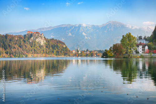 Gorgeous sunny day view of popular tourist destination Bled lake.