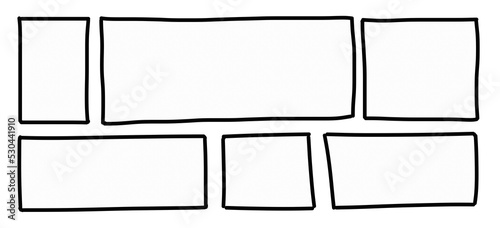 A series of horizontal comic strip panels, empty hand-drawn boxes, simple style, isolated.
