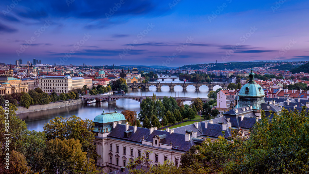Prague's bridges panorama during twilight