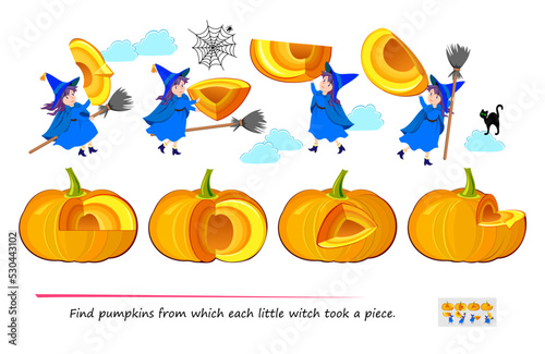 Logic game for smartest. 3D puzzle. Find pumpkins from which each little witch took a piece. Play online. Developing spatial thinking. Page for brain teaser book. Halloween riddle. Vector image.