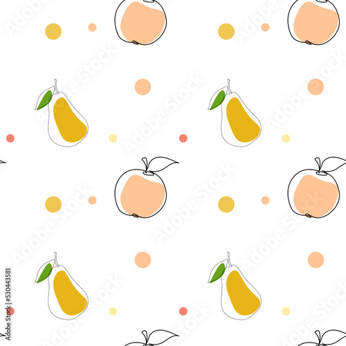 Seamless pattern with apple and pear on a white background.Line art style. Vector art