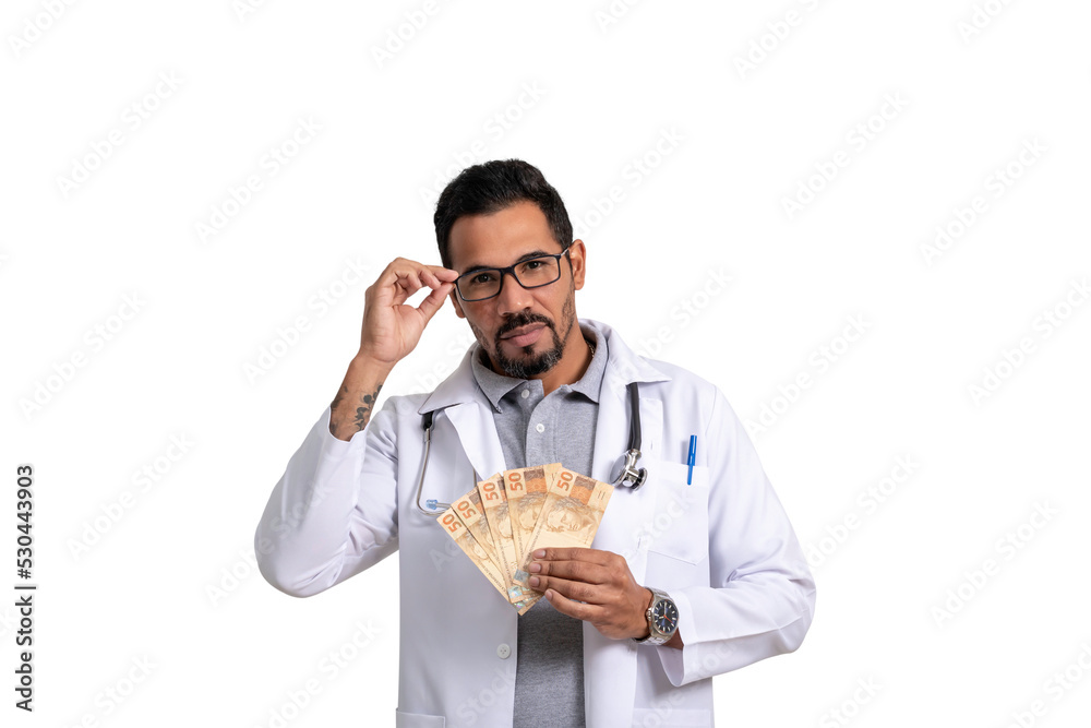 man holds money, Brazilian money, BRL in medical uniform man holds money, Brazilian money, BRL in medical uniform