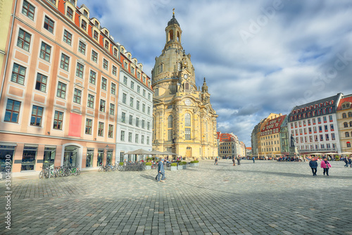 Amazing view of of Baroque church - Frauenkirche at Neumarkt square in downtown of Dresden.