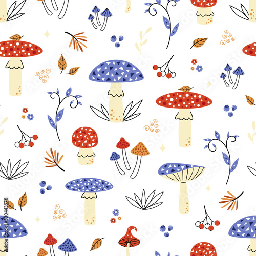Magic fly agaric mushroom pattern . Cute autumn seamless background with amanita, leaves and forest berries. Colorful children print for textile, stationary design or print on any surface