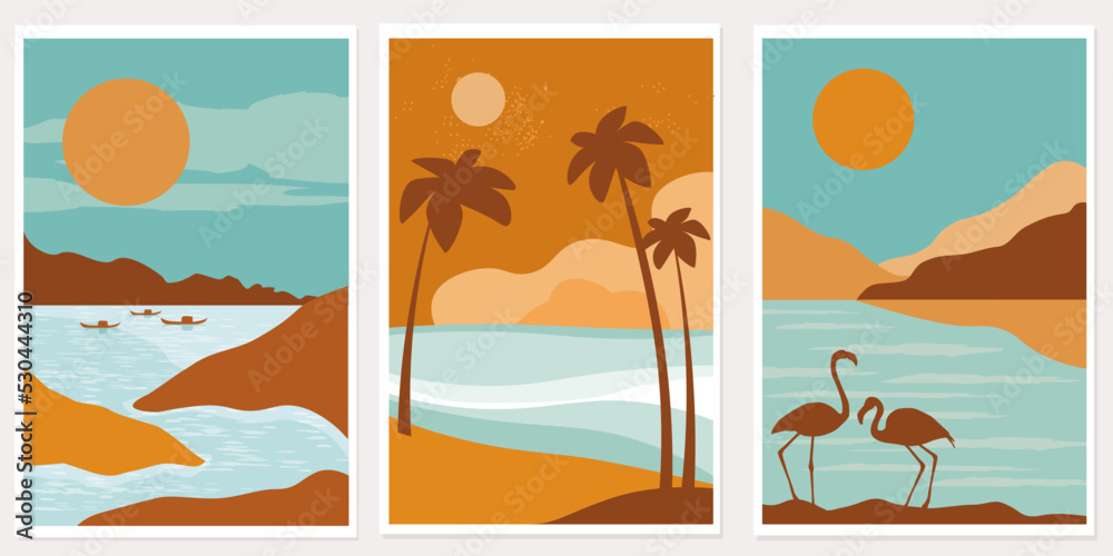 A set of posters with natural landscapes for recreation and travel. Flamingos on the background of the sea, mountains, silhouettes of palm trees, the sun is shining. Vector graphics.