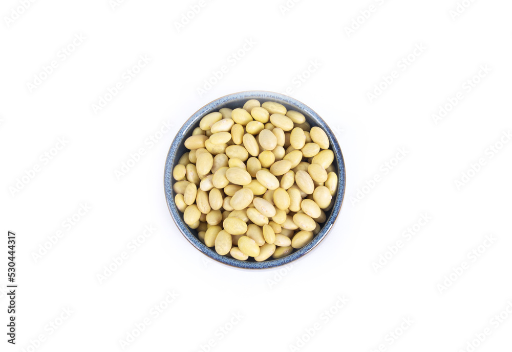 Canary or Mayocoba Beans in Blue Round Pottery Bowl Isolated on White Background in Top Down or Flat Lay Shot Canary or Mayocoba Beans in Blue Round Pottery Bowl Isolated on White Background in Top Down or Flat Lay Shot