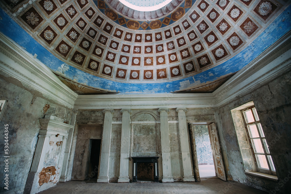Old majestic abandoned historical mansion Znamenskoye-Rayok, inside view