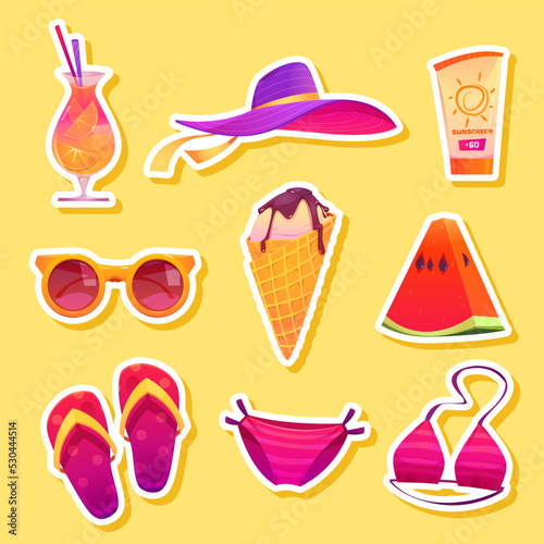 Vector collection of colorful summer stickers. Set of stickers, summer elements.