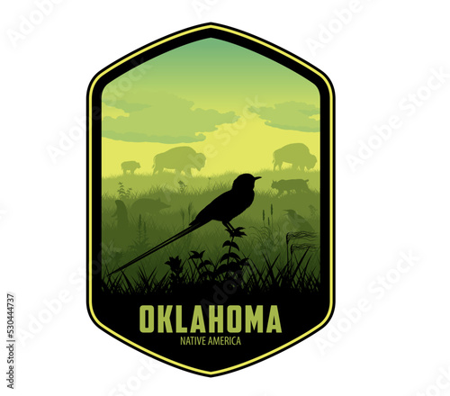 Oklahoma vector label with Scissor tailed Flycatcher and prarie