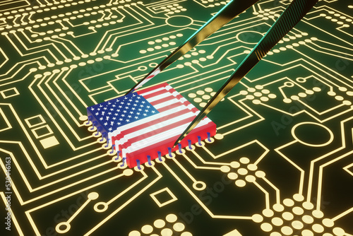 An advanced CPU printed with a flag of USA being held by tweezers on a neon glowing electronic circuit board. Illustration of the concept of United States made high-end micro chips. photo