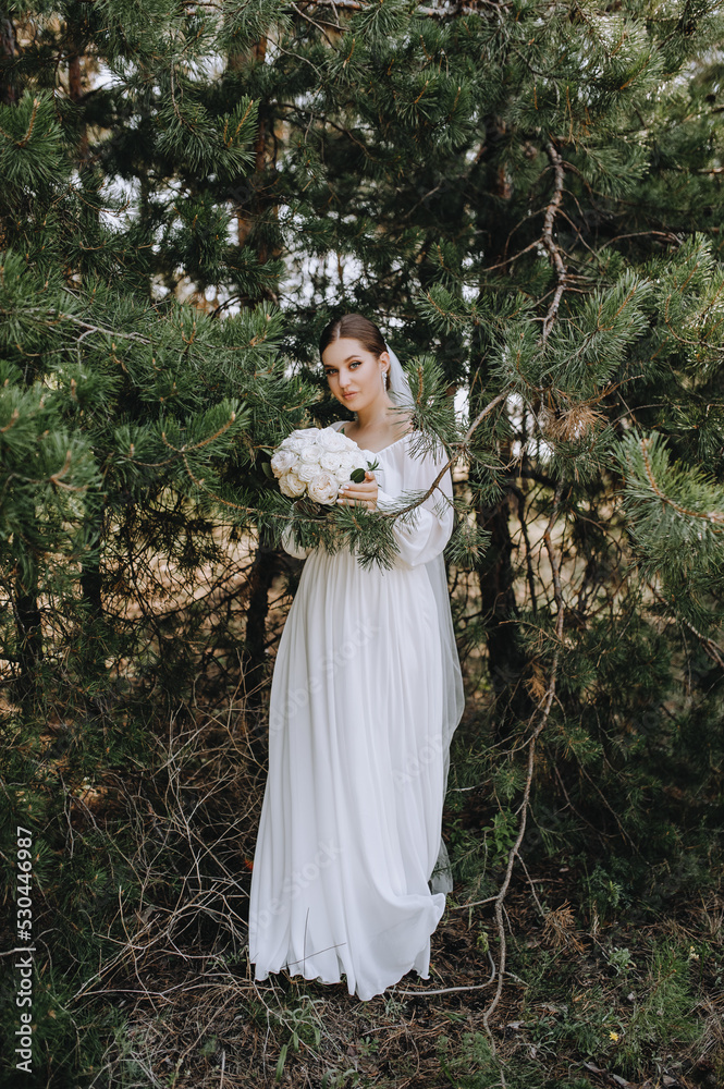 A beautiful, young brunette bride in a white long dress with a bouquet of roses stands in a coniferous forest in nature near a green spruce. Wedding portrait, photography. A beautiful, young brunette bride in a white long dress with a bouquet of roses stands in a coniferous forest in nature near a green spruce. Wedding portrait, photography.