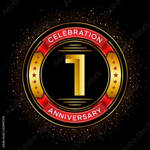 1st anniversary celebration with red ribbon isolated on black background, vector design