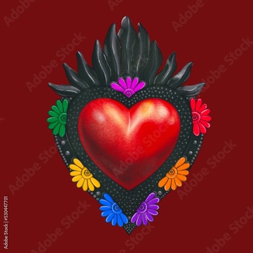 Hearts in vintage style. Metal crafts multicolor heart. Traditional Mexican hearts with fire and flowers, embroidered sequins, beads and pearls. Hand-drawn heart isolated on a white background.