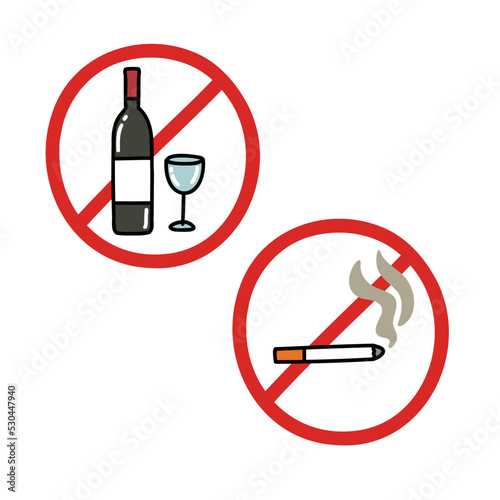 prohibition signs for smoking, drinking. no drinking, no smoking sign doodle icon, vector color line illustration