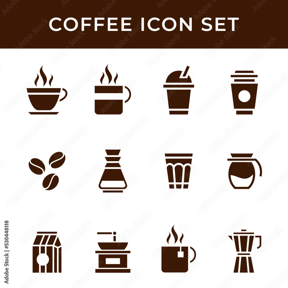 Set of Coffee Icon Vector Silhouette with French press, cocktail, paper pack, takeaway cup, moka pot, cezve, espresso, cappuccino, machine, mill. Set of Coffee Icon Vector Silhouette with French press, cocktail, paper pack, takeaway cup, moka pot, cezve, espresso, cappuccino, machine, mill.