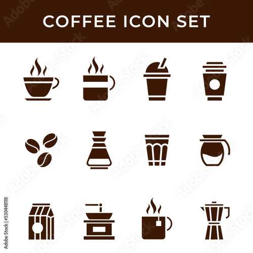 Set of Coffee Icon Vector Silhouette with French press, cocktail, paper pack, takeaway cup, moka pot, cezve, espresso, cappuccino, machine, mill.