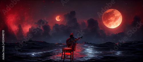 Fotografiet mysterious man sitting on a chair playing the cello Digital Art Illustration Pai