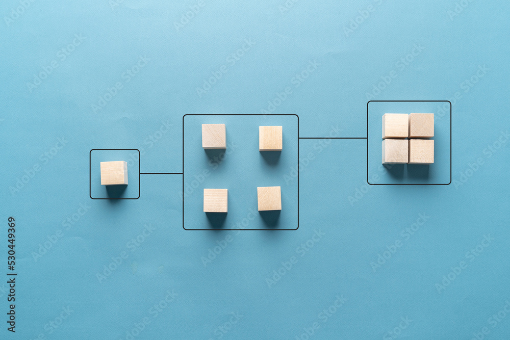 business logic algorithm, lines connect between wooden cubes, creative concept - obrazy, fototapety, plakaty 