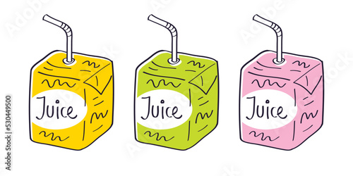 Orange, green and pink juice box with straw isolated cartoon vector illustration.