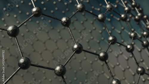 Spheres shredded into fine hexagonal atoms of metallic roasted silver under dark background. Concept 3D CG of strength analysis, blockchain information technology and social human relations.