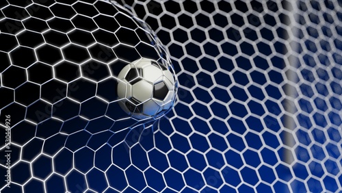 White-Black Soccer Ball in the Goal Net under black-blue background. 3D illustration. 3D CG. 3D Rendering. High resolution.