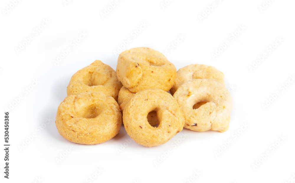 Tarallini or Taralli an Italian Snack Ring or Cracker Isolated on White in a Small Group