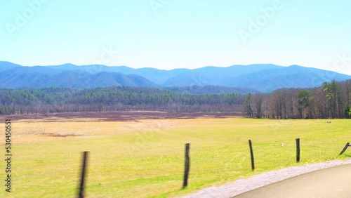 Pov point of view car vehicle side shot driving on Cades Cove scenic loop road drive by green pasture field at Great Smoky Mountains National Park, Gatlinburg Tennessee in spring