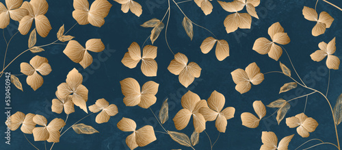 Luxury floral art background with golden flowers and leaves in line style. Hand drawn botanical banner for decoration, wallpaper, print, packaging, textile, interior design.