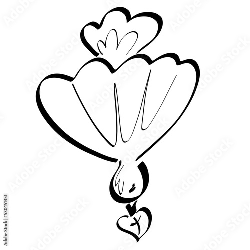 dove descending from heaven holds a heart with a cross in its beak, looks like a seashell, black abstract sketch
