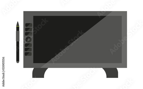 Graphic tablet pen digital draw device black flat. Modern desktop gadget button electronic graphic designer illustrator tablet equipment stylus tool creative work study hobby office freelance isolated