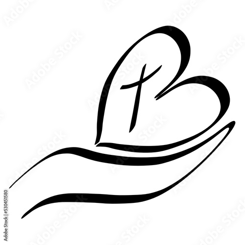 heart with a cross inside lies on the palm, Christian symbol, black pattern on a white background