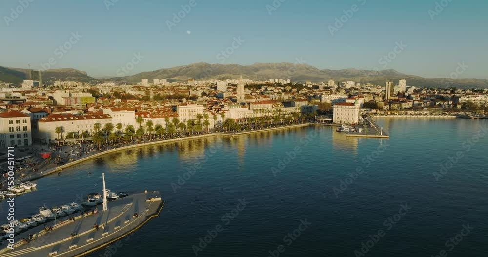 Aerial panoramic view at sunset of the city Split Aerial panoramic view at sunset of the city Split