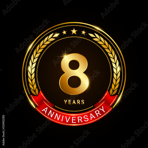 8 years anniversary, golden anniversary celebration logotype with red ribbon isolated on black background, vector illustration
