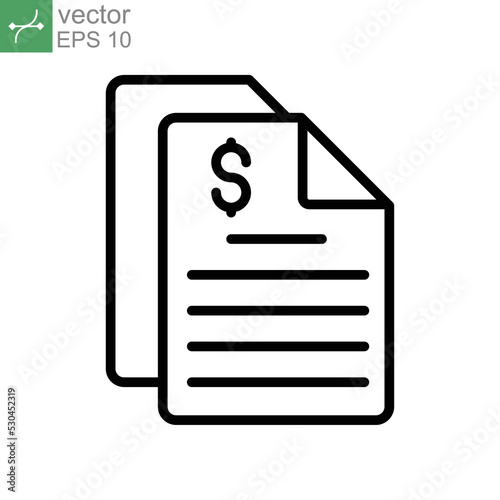 invoice, Dollar bank statement line icon style. Business Payment form document. Finance receipt, bill file. Financial report. accounting tax. Vector illustration. Design on white background. EPS 10